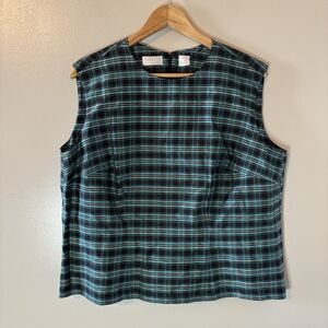Elisabeth Liz Claiborne VTG 100% Silk Sleeveless Top Blue Plaid Tank Sz 14